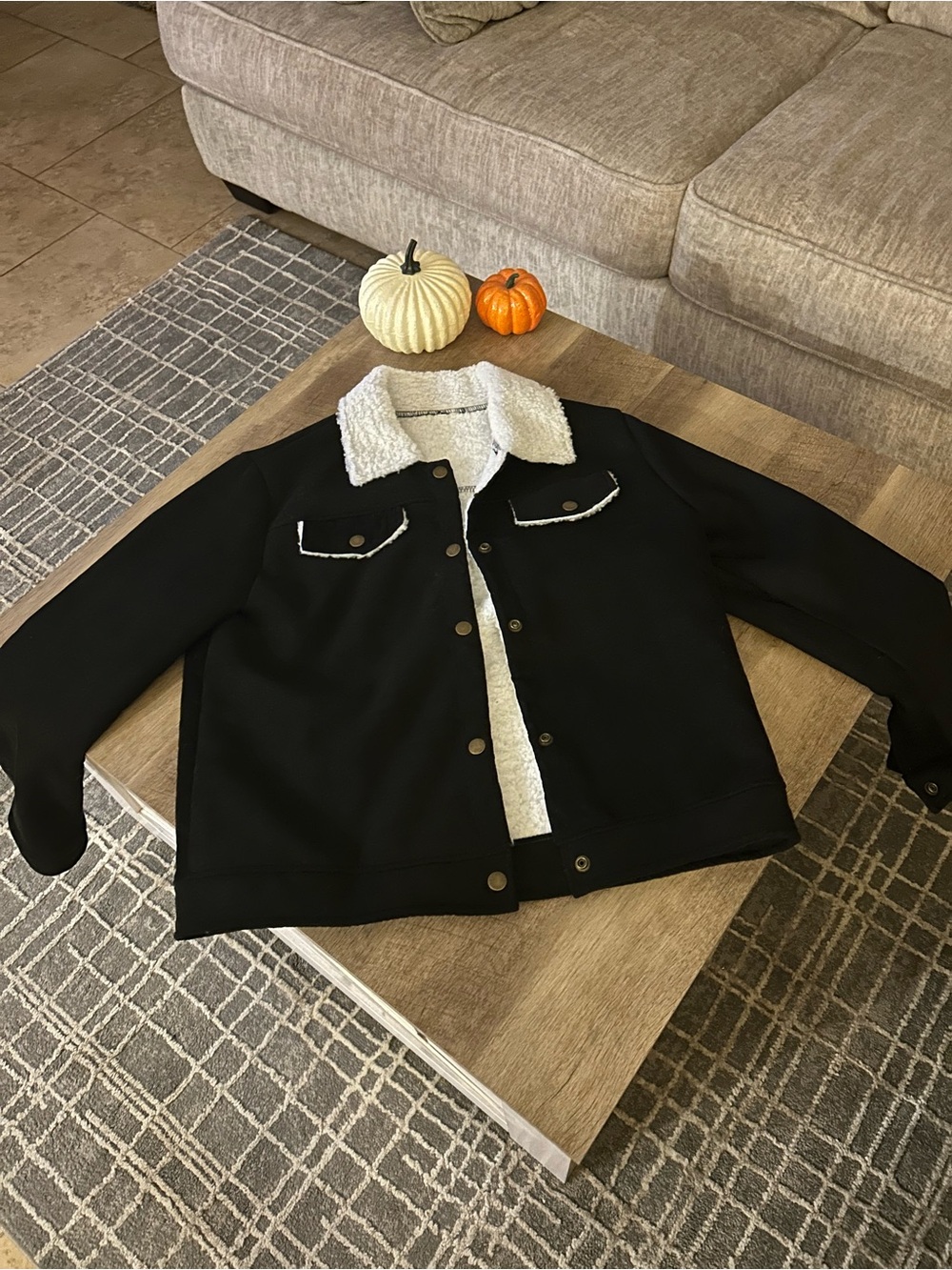 Women’s Black corduroy Jacket with White Sherpa Collar